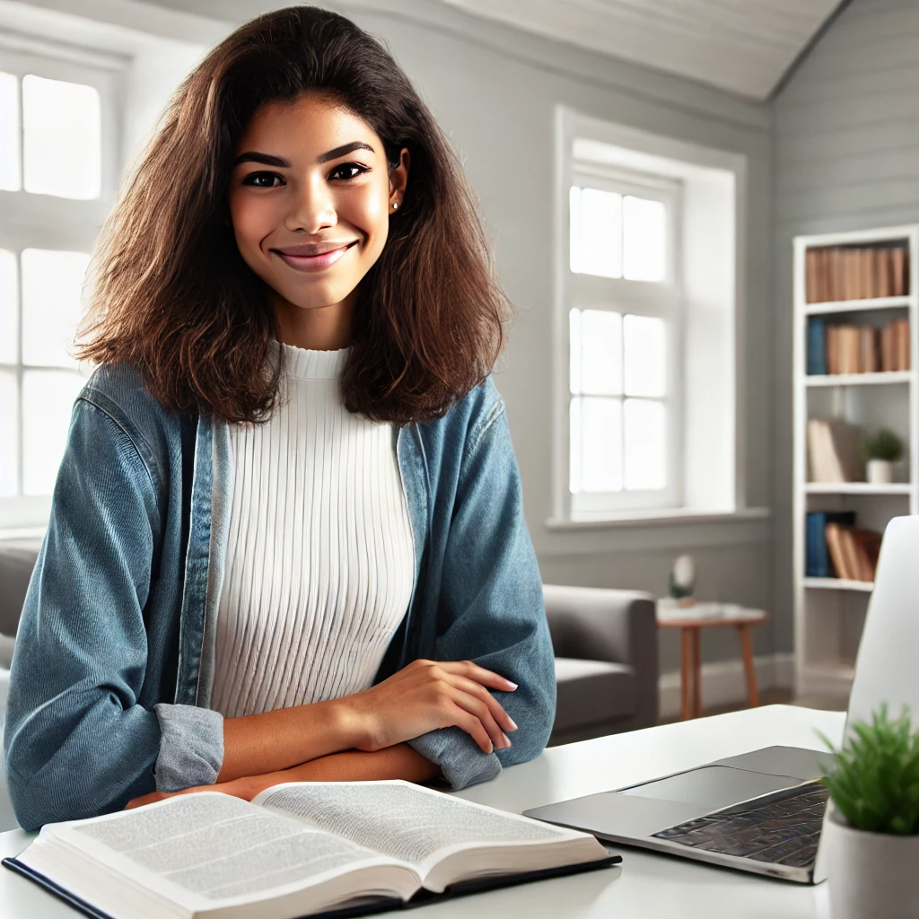 A focused and positive diverse female social worker studying for an exam in a well-lit, organized environment. It reflects confidence, motivation, and a clear, productive mindset.