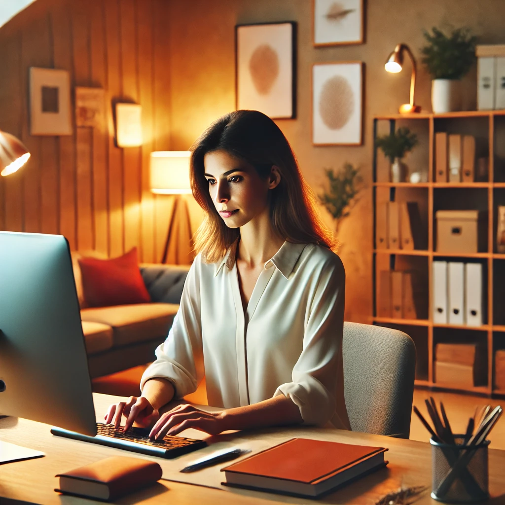 a focused female counselor working at a computer in a warm, inviting office.