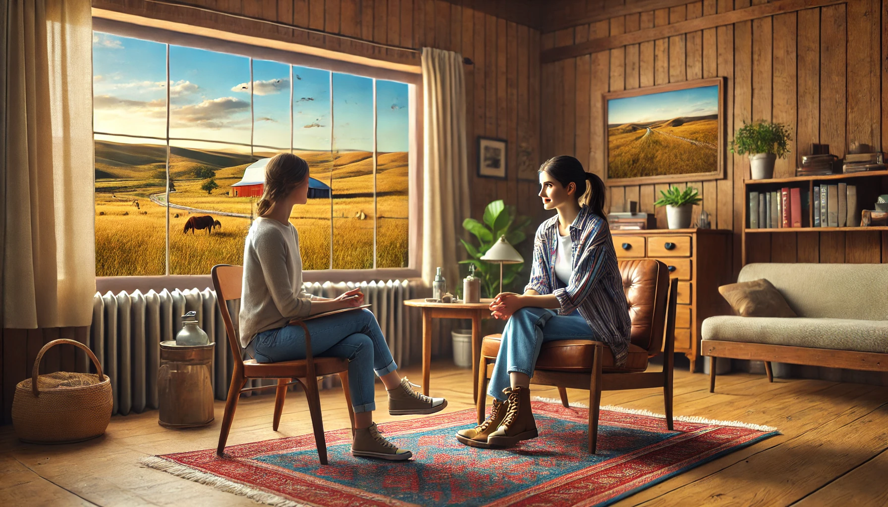 a therapy client in a serene rural therapy setting with a rural background