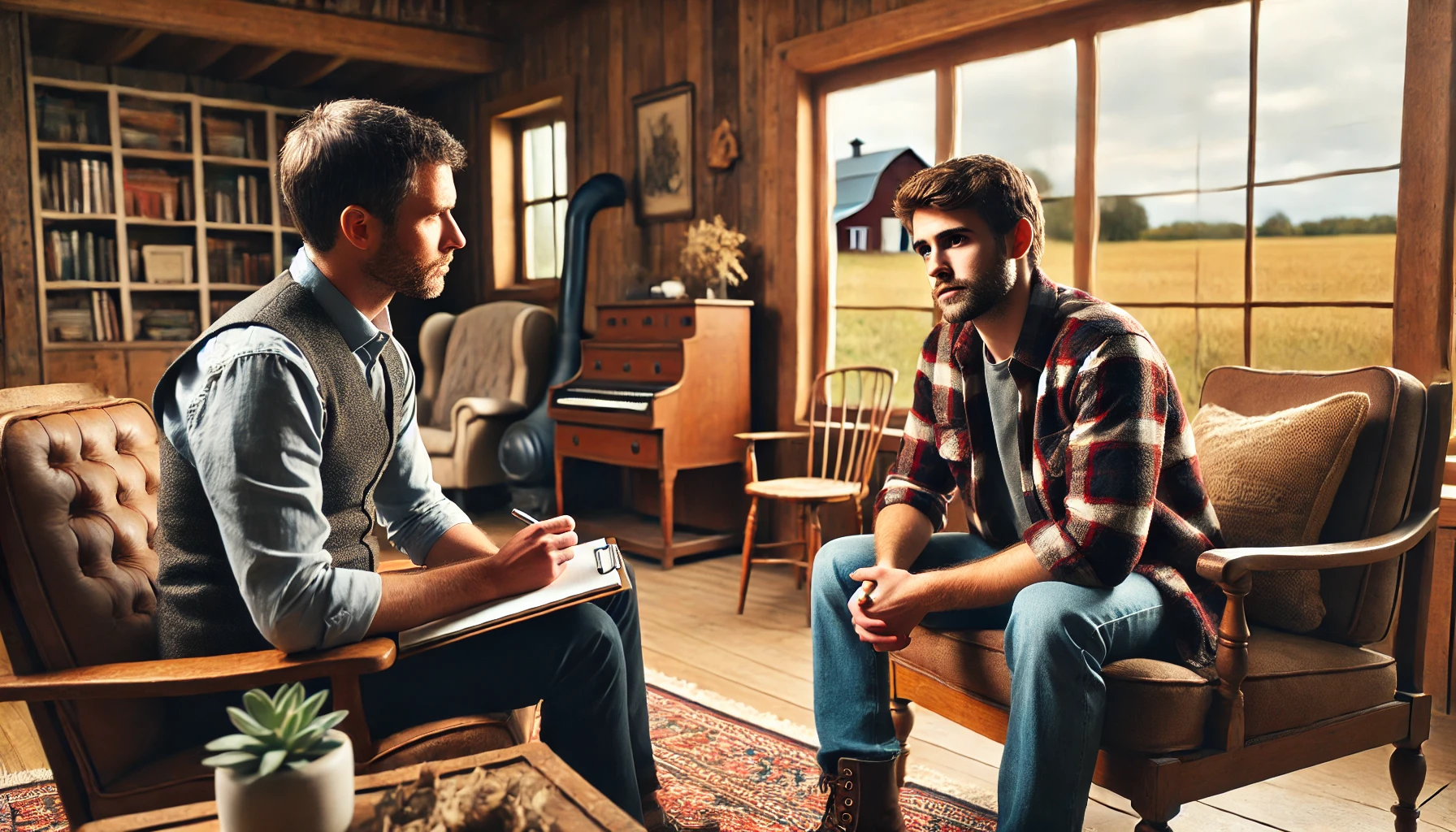 a therapist in a serious and empathetic conversation with a rural male client, set in a rustic office with a peaceful countryside view.