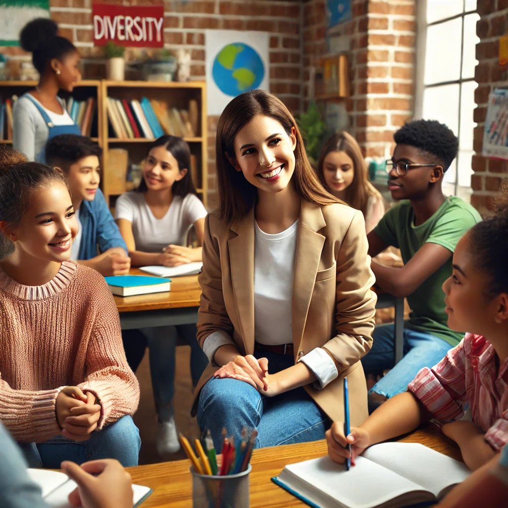 a school counselor engaging with students in a supportive and inclusive setting