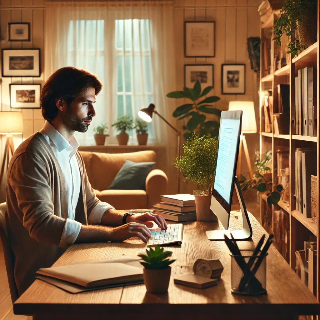 a social worker researching on a computer in a warm and inviting office setting, designed to reflect a productive and professional environment.