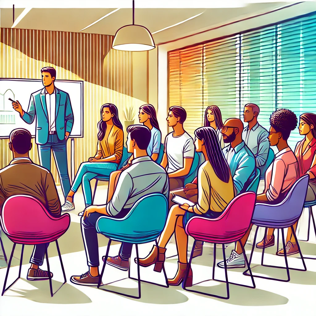 a small group of diverse counselors attentively participating in a live continuing education session, listening to a standing speaker.