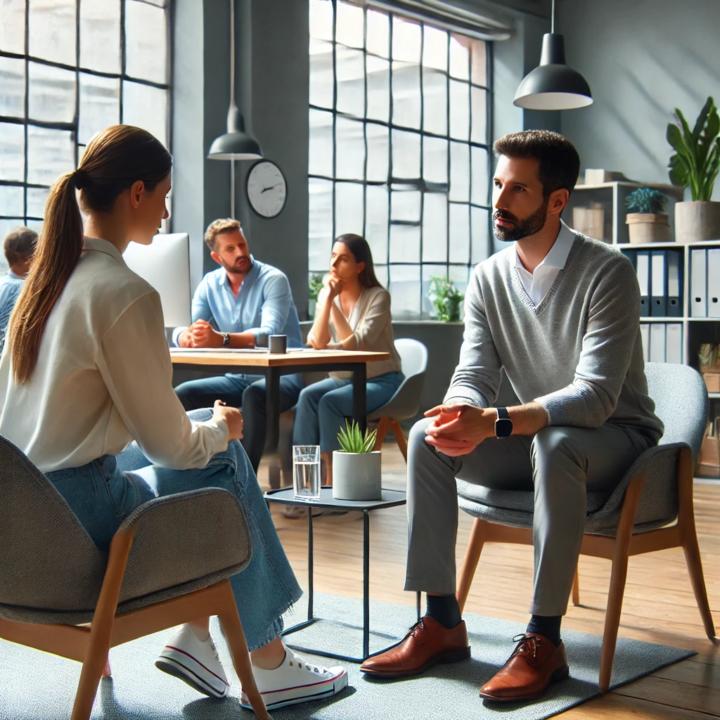 a therapist working in a modern office setting, helping employees address burnout and fostering workplace mental health support.