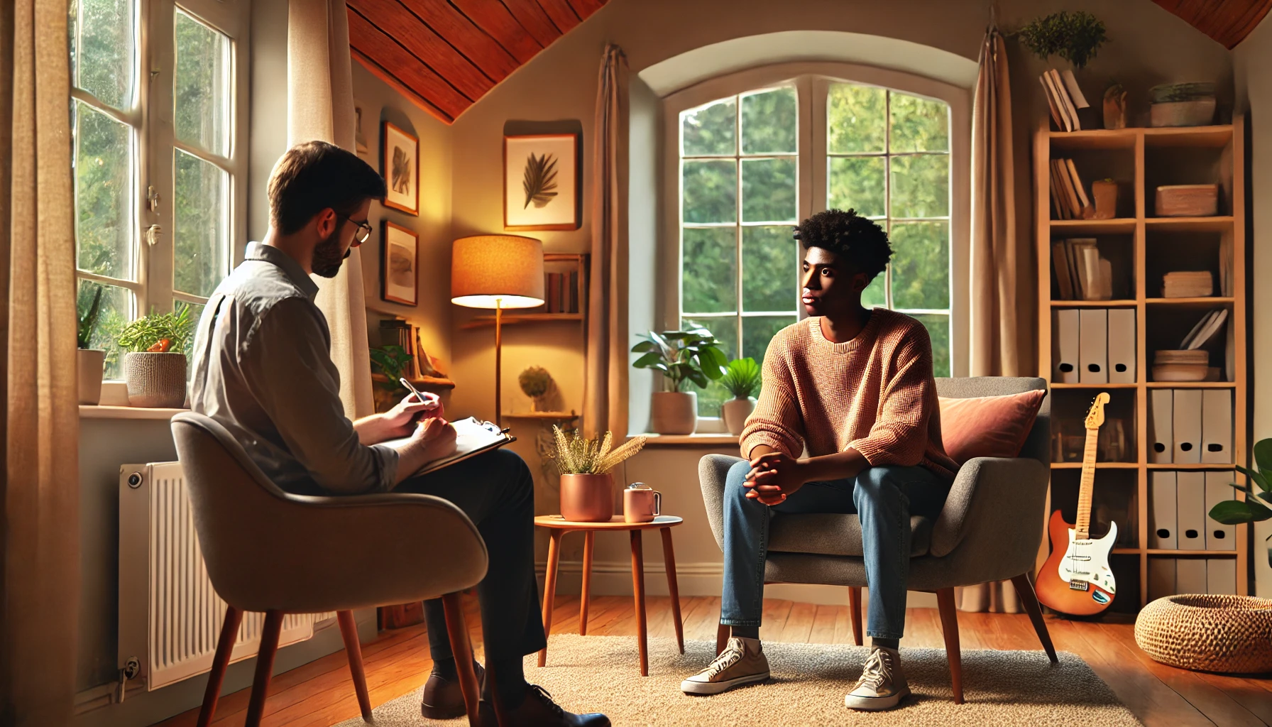 a warm and supportive therapy session with a therapist and a diverse client, set in a cozy and thoughtfully decorated office, highlighting a secure and peaceful atmosphere.