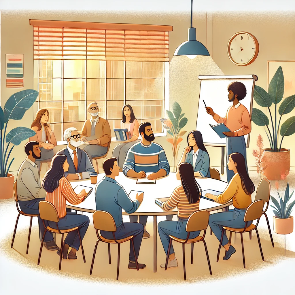 an illustrated version of a small group of 4 to 5 diverse social workers in a collaborative learning session, featuring a friendly, detailed style that emphasizes teamwork and a warm, professional atmosphere.