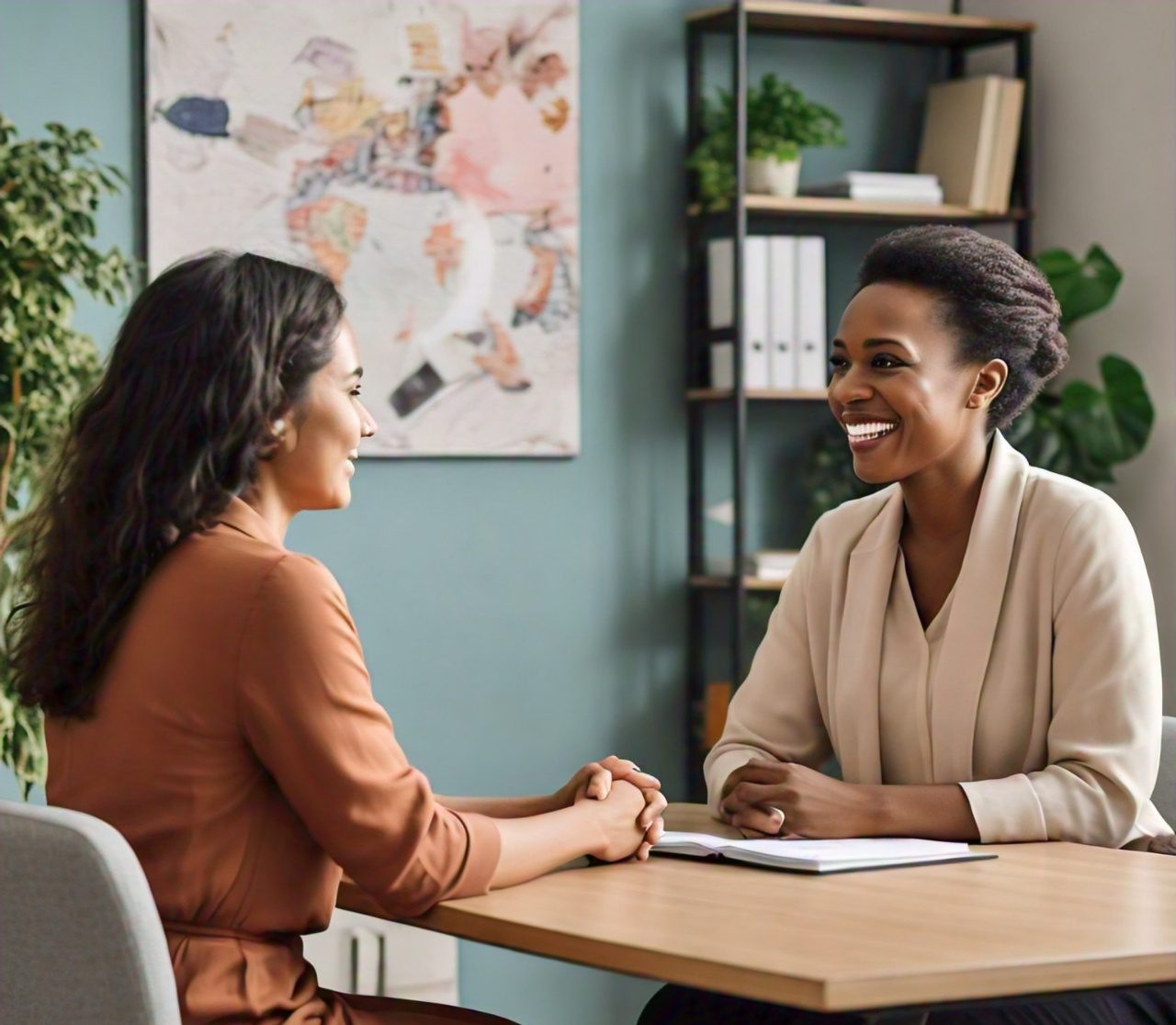 A diverse counselor working in a modern workplace mental health program, engaging with employees in a warm and collaborative setting