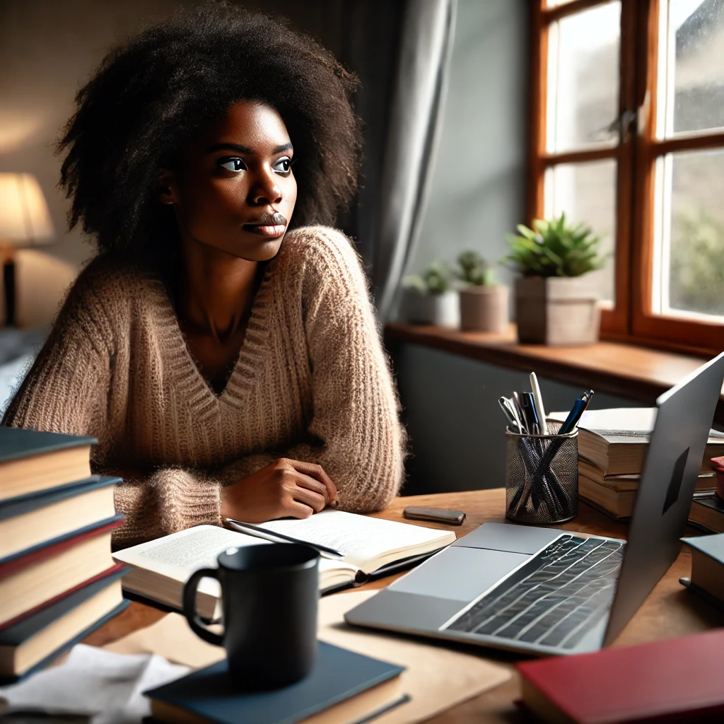 a Black female social worker, reflecting a thoughtful and slightly distracted demeanor in a cozy study setting.