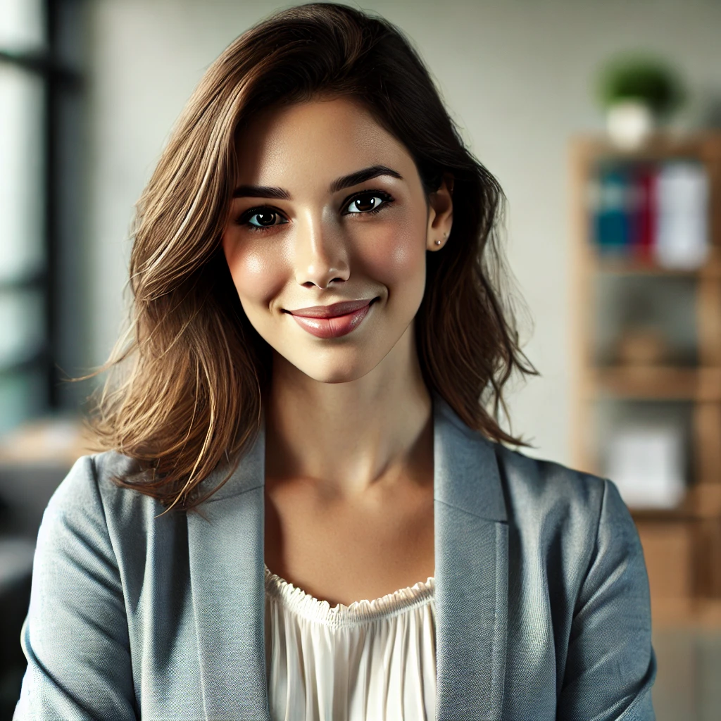 a confident and approachable female social worker, looking directly at the camera in a professional setting.