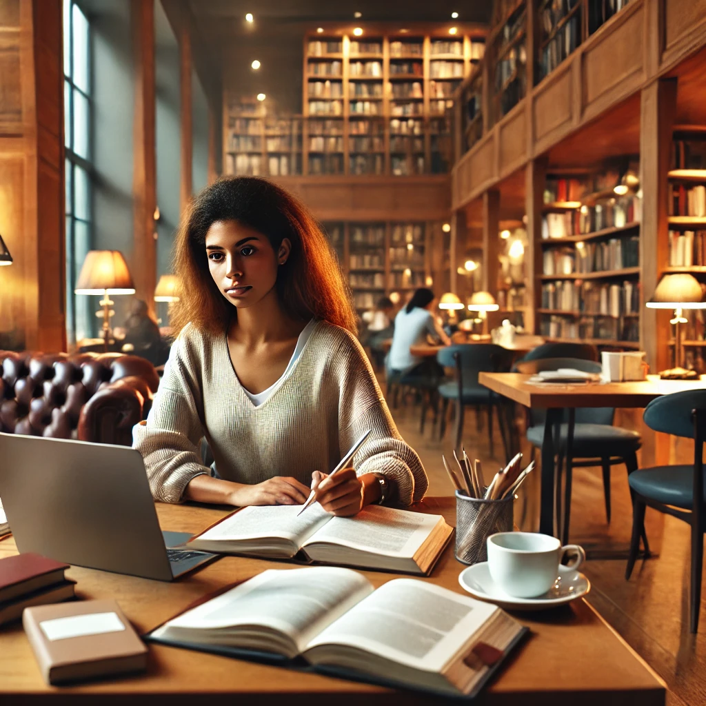 a diverse female social worker studying for an exam in a warm, inviting library setting, surrounded by a laptop, books, and notes.