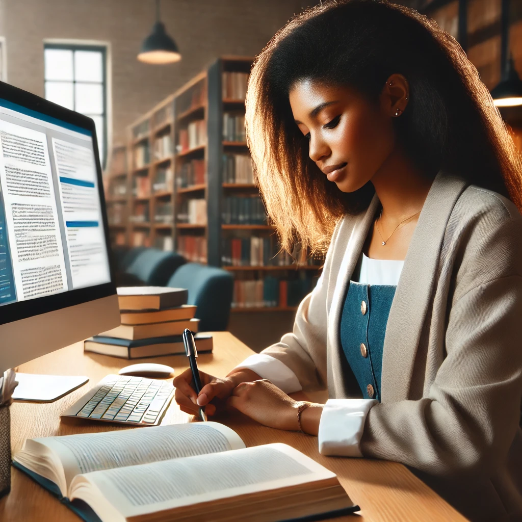 a diverse female social worker studying for an exam in front of a computer