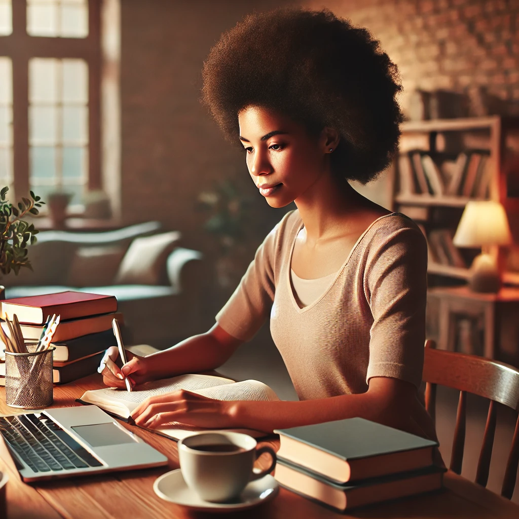 a diverse female social worker studying in a warm and cozy home environment, reflecting a peaceful and focused atmosphere