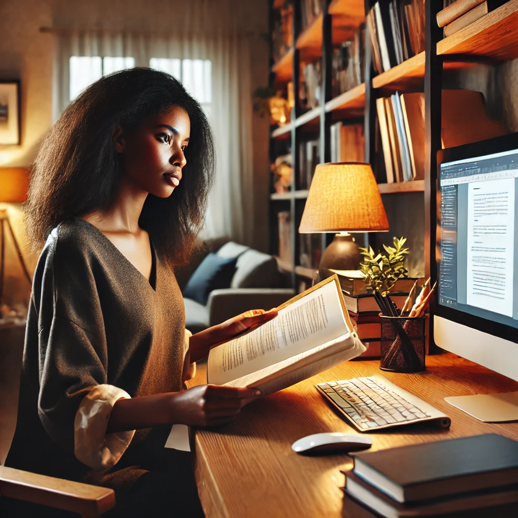 a female Black social worker studying for an exam in a cozy home office