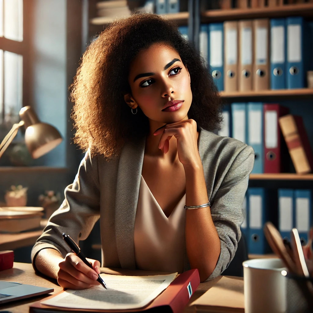 a female social worker, thoughtfully contemplating an ethical dilemma in her professional setting