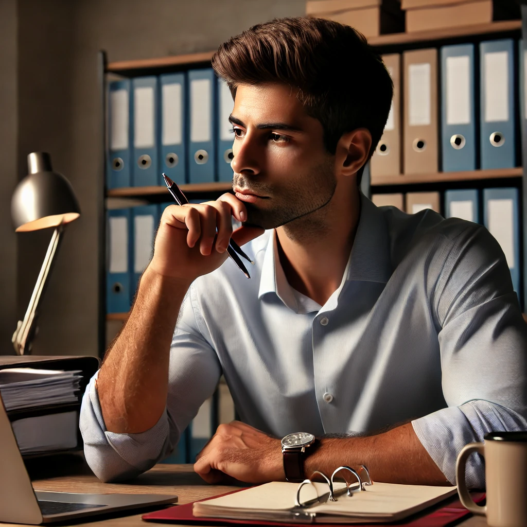 a diverse male social worker thoughtfully contemplating an ethical dilemma in a professional setting