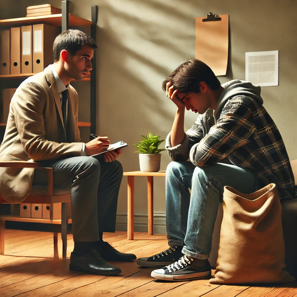 a social worker attentively supporting a distraught client in a warm office setting
