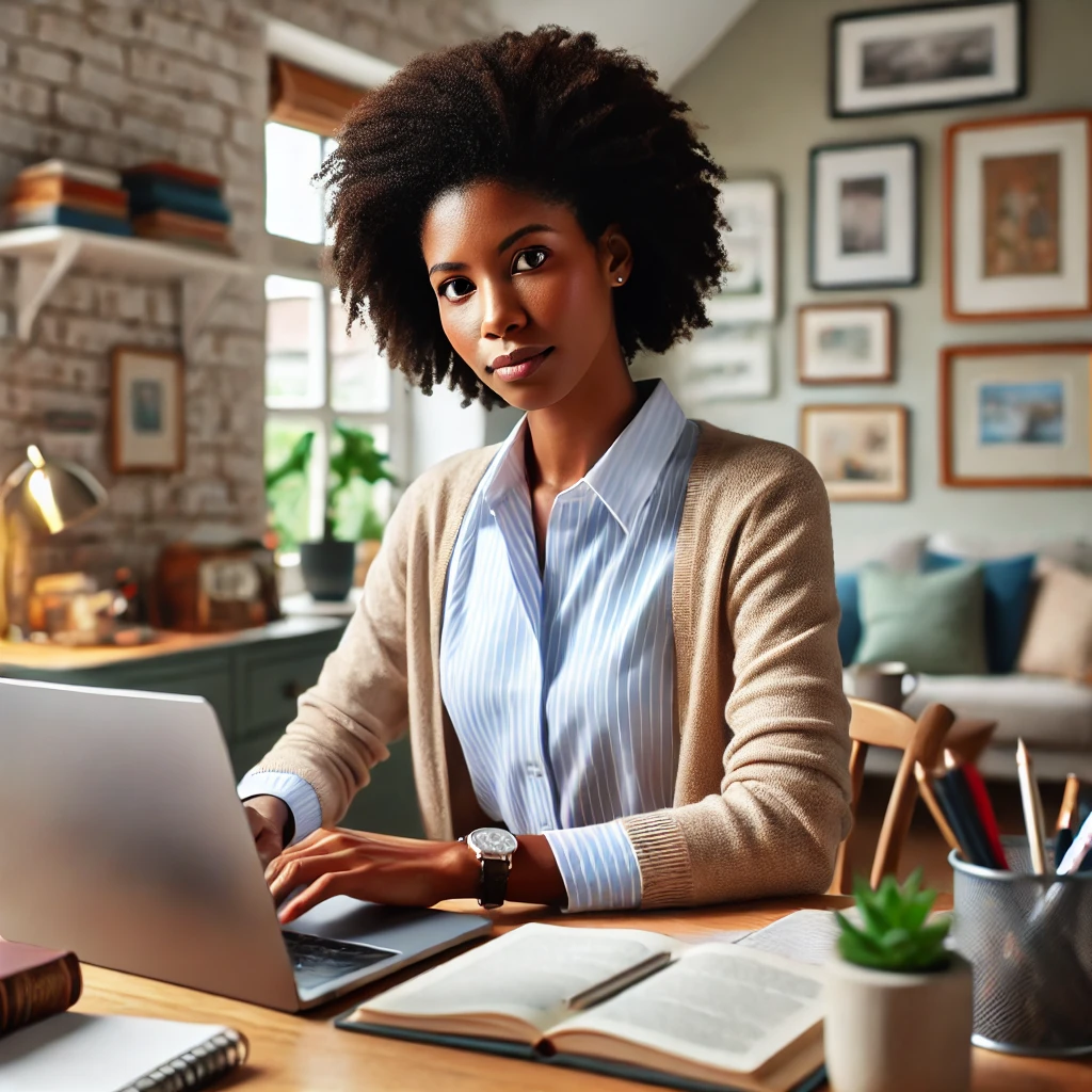 a confident and diverse social worker studying at a desk with a laptop, set in a cozy and motivating environment