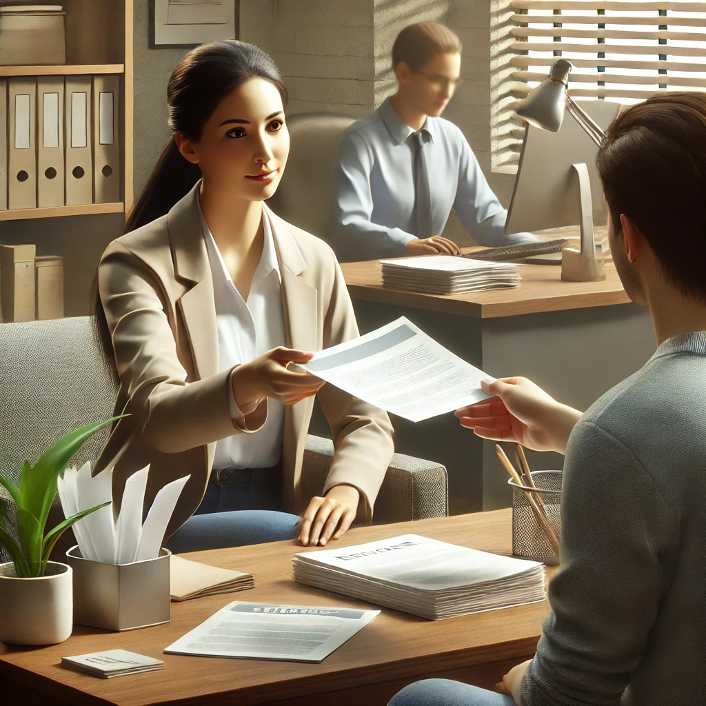 a diverse female social worker handing papers and pamphlets to a client