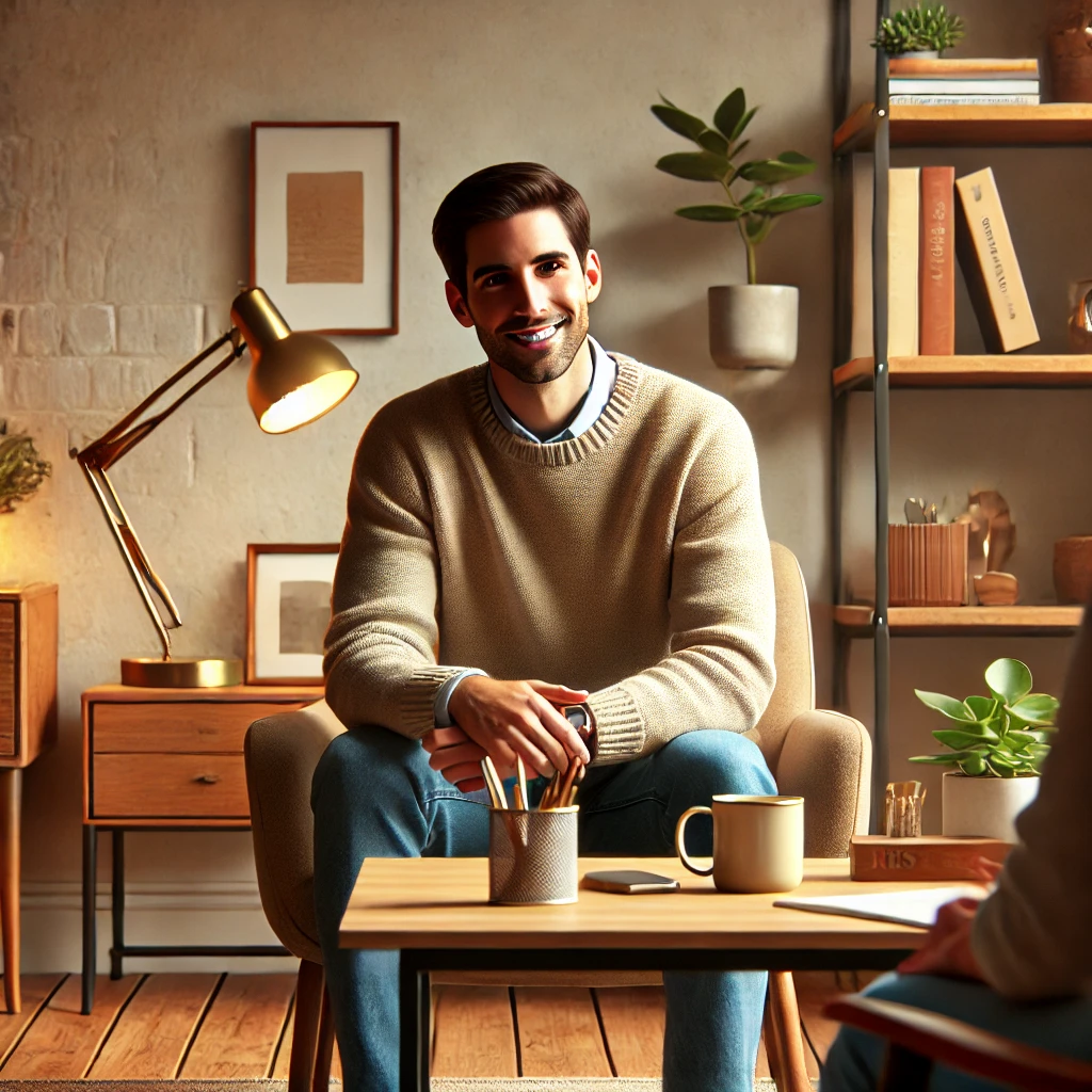 a diverse social worker in a less formal and more approachable office setting, creating a warm and welcoming environment while engaging with a client