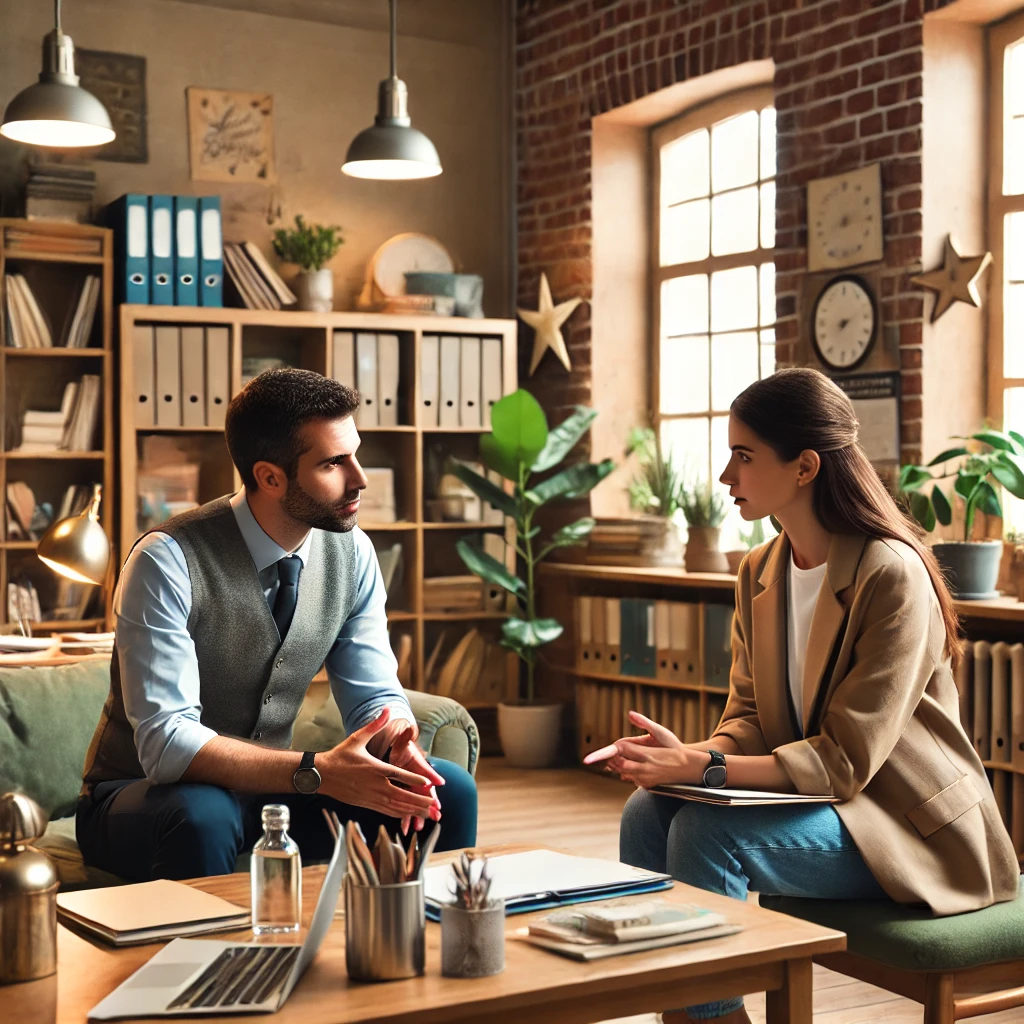 a school social worker having a discussion with a teacher in a calm and comfortable office setting