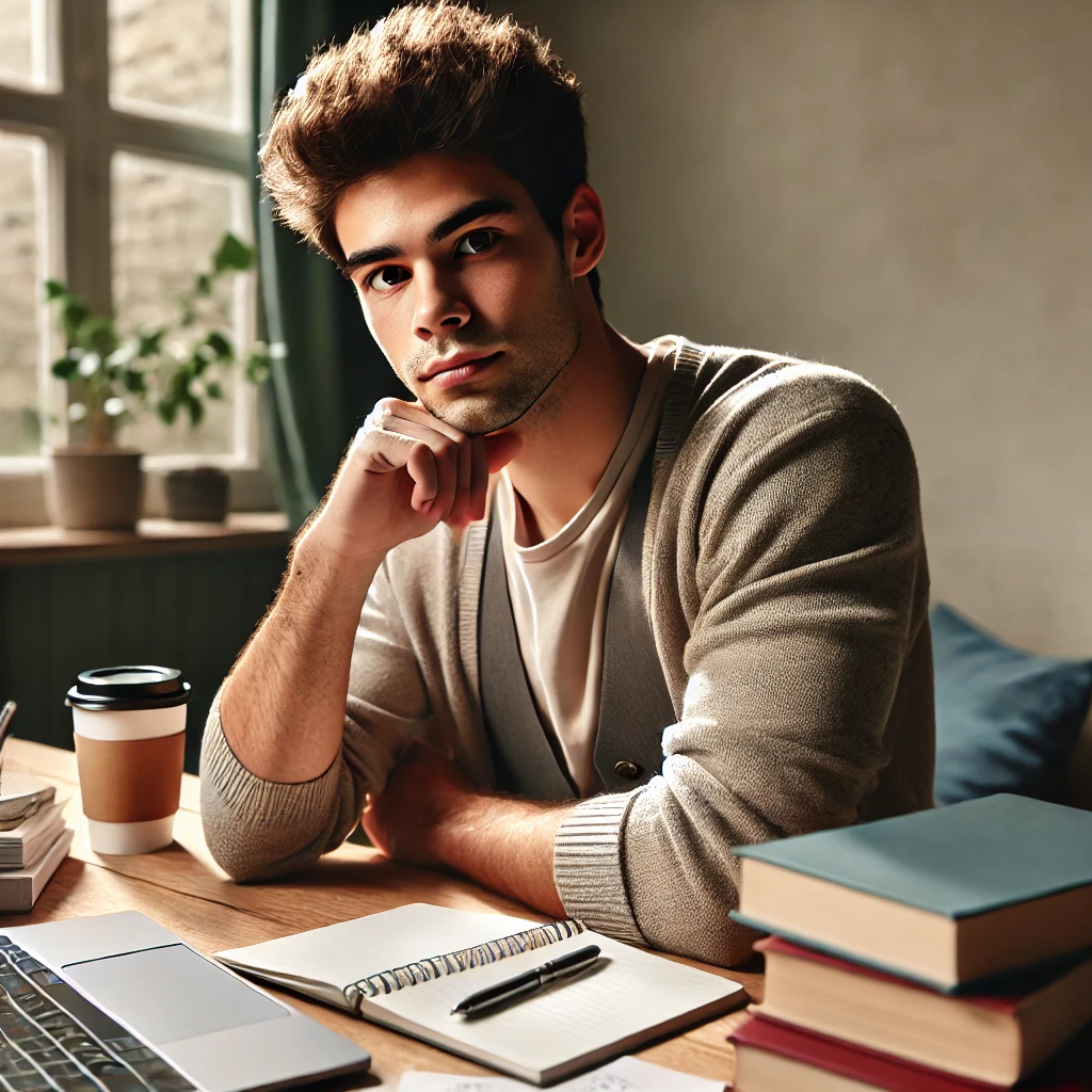a young male social worker, showcasing a thoughtful and slightly distracted demeanor in a study setting.
