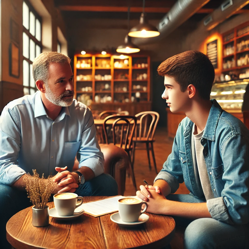 an at-risk youth meeting with a mentor in a warm and inviting coffee shop