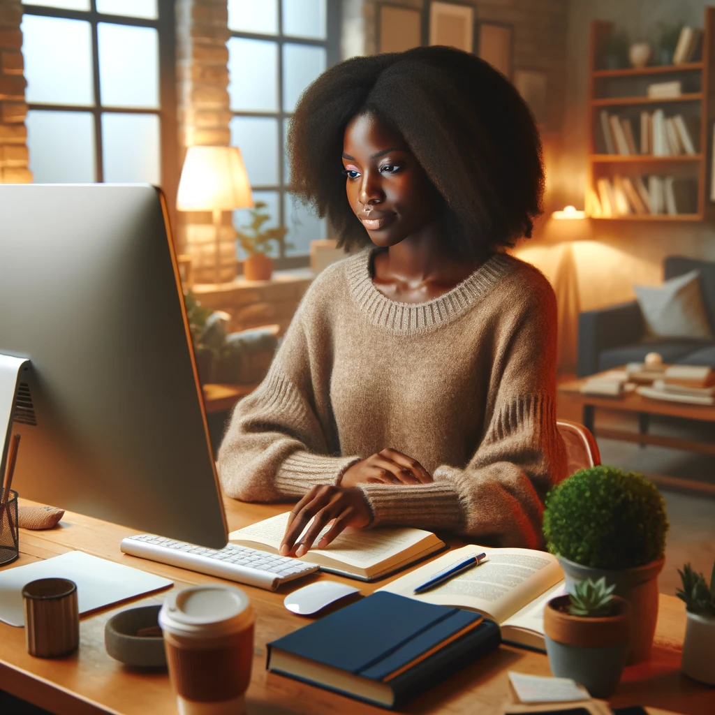 a Black female Social Worker studying in front of a computer in a warm and cozy office setting