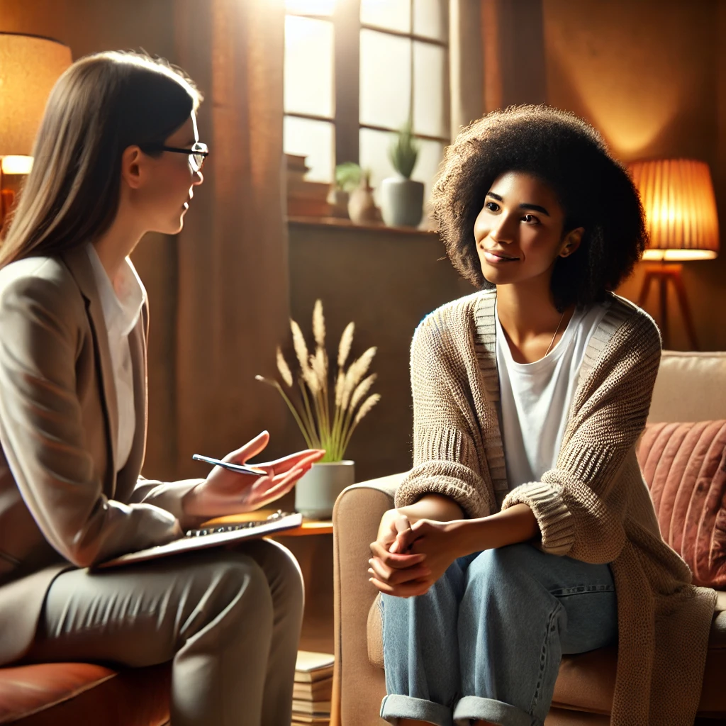 a compassionate social worker practicing Person-Centered Therapy with a client in a warm, welcoming counseling space