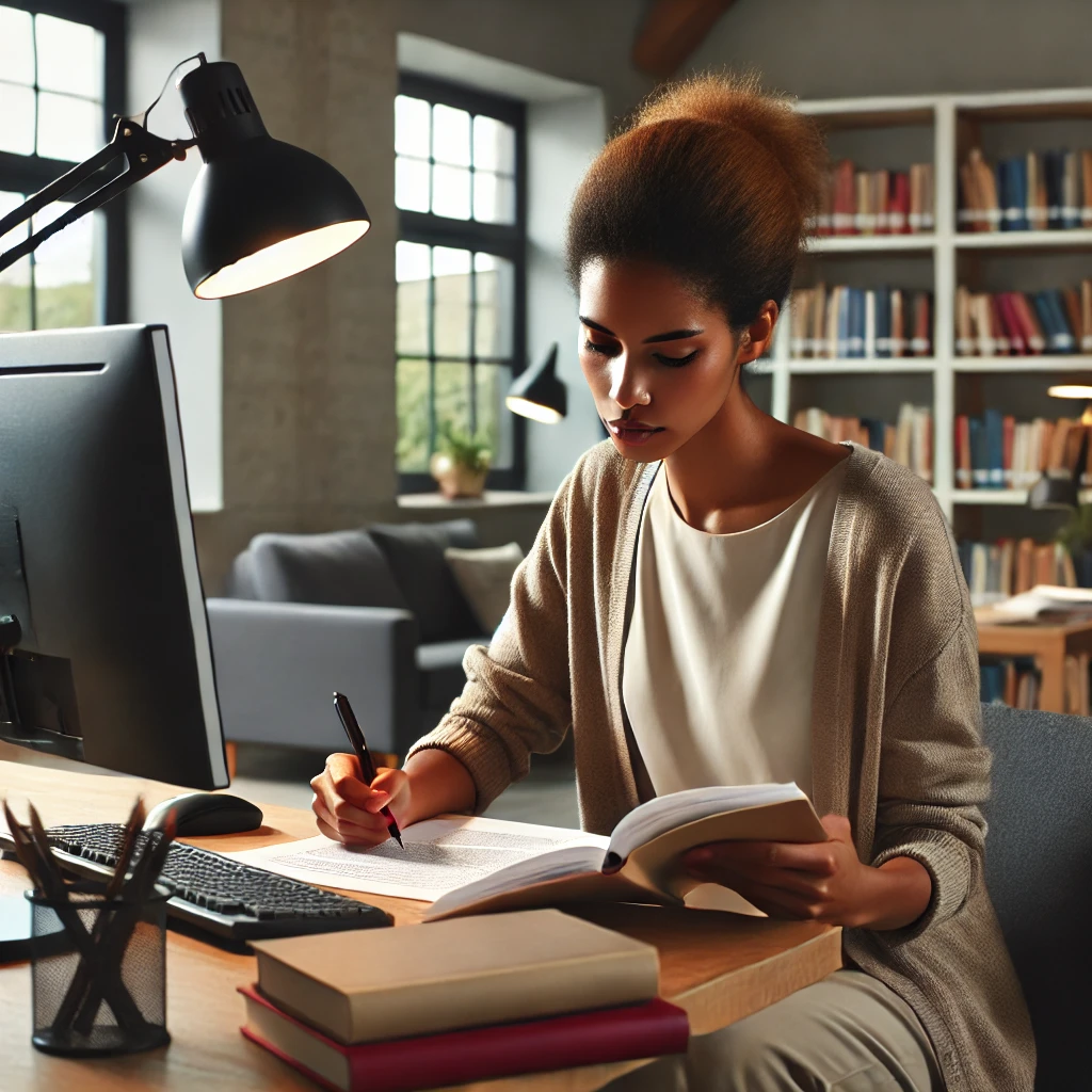 a diverse female social worker studying for an exam in a quiet library environment, sitting in front of a computer