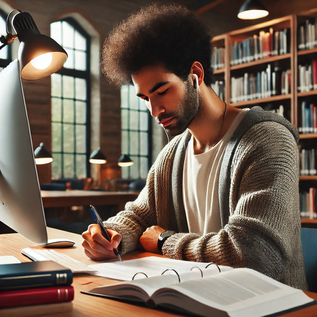 a diverse social worker studying for an exam in a quiet library environment, sitting in front of a computer.