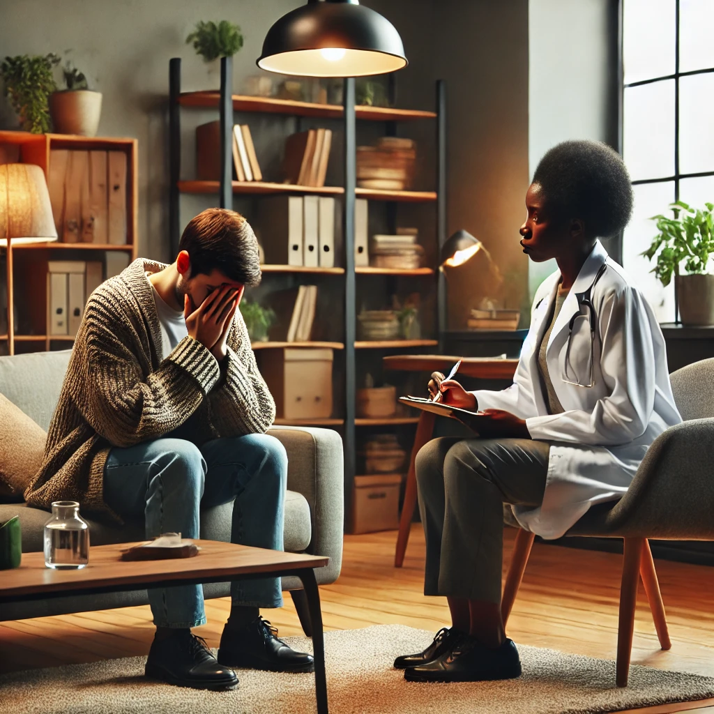 a warm and informal office setting with a Black female Social Worker meeting with a person feigning illness