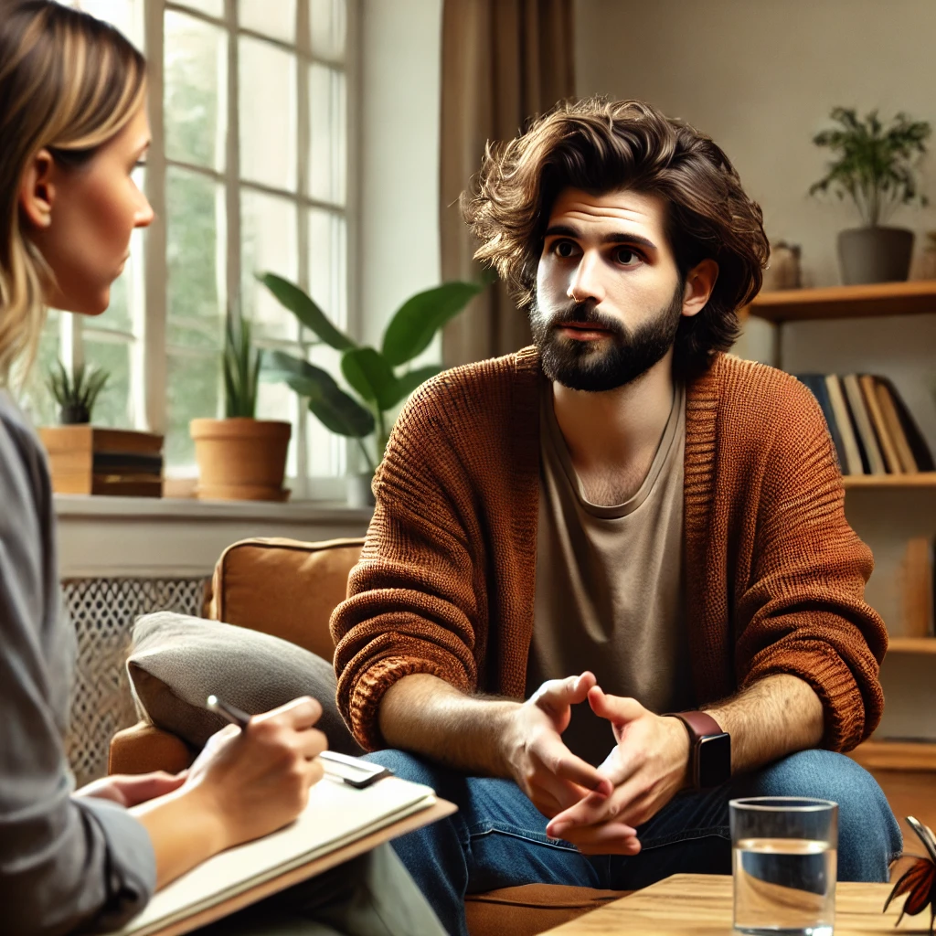 a schizotypal client speaking with a diverse therapist in a warm and supportive therapy session