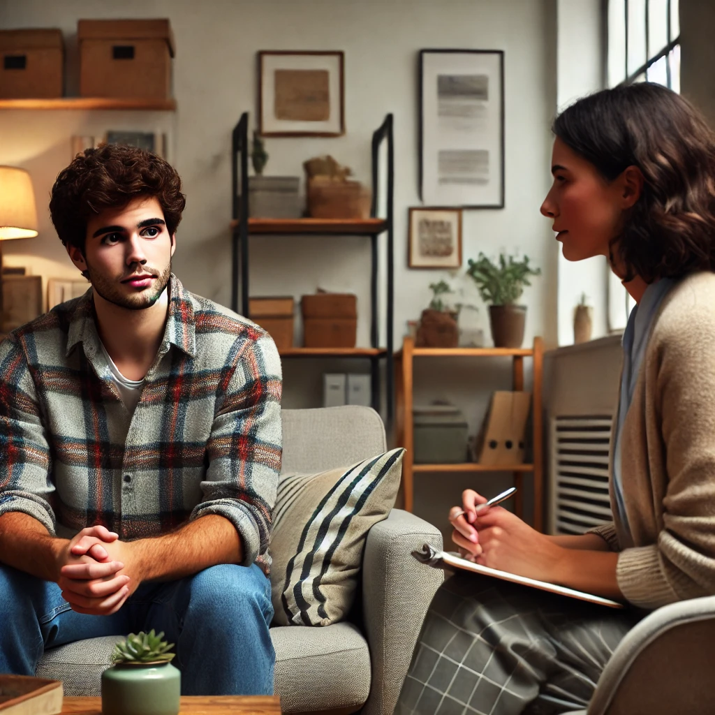 A client with mild social discomfort while engaging with a diverse therapist in a warm and inviting therapy setting