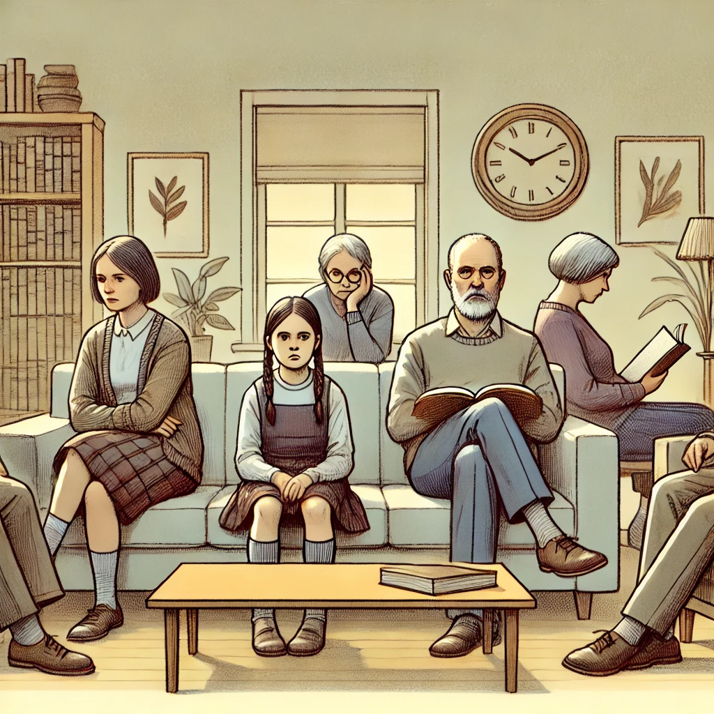 a family with schizoid tendencies, sitting together but displaying emotional detachment and minimal interaction.