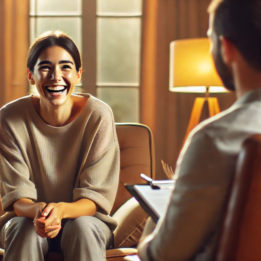 a client experiencing Reaction Formation Defense Mechanism during a therapy session with a diverse therapist in a warm office.