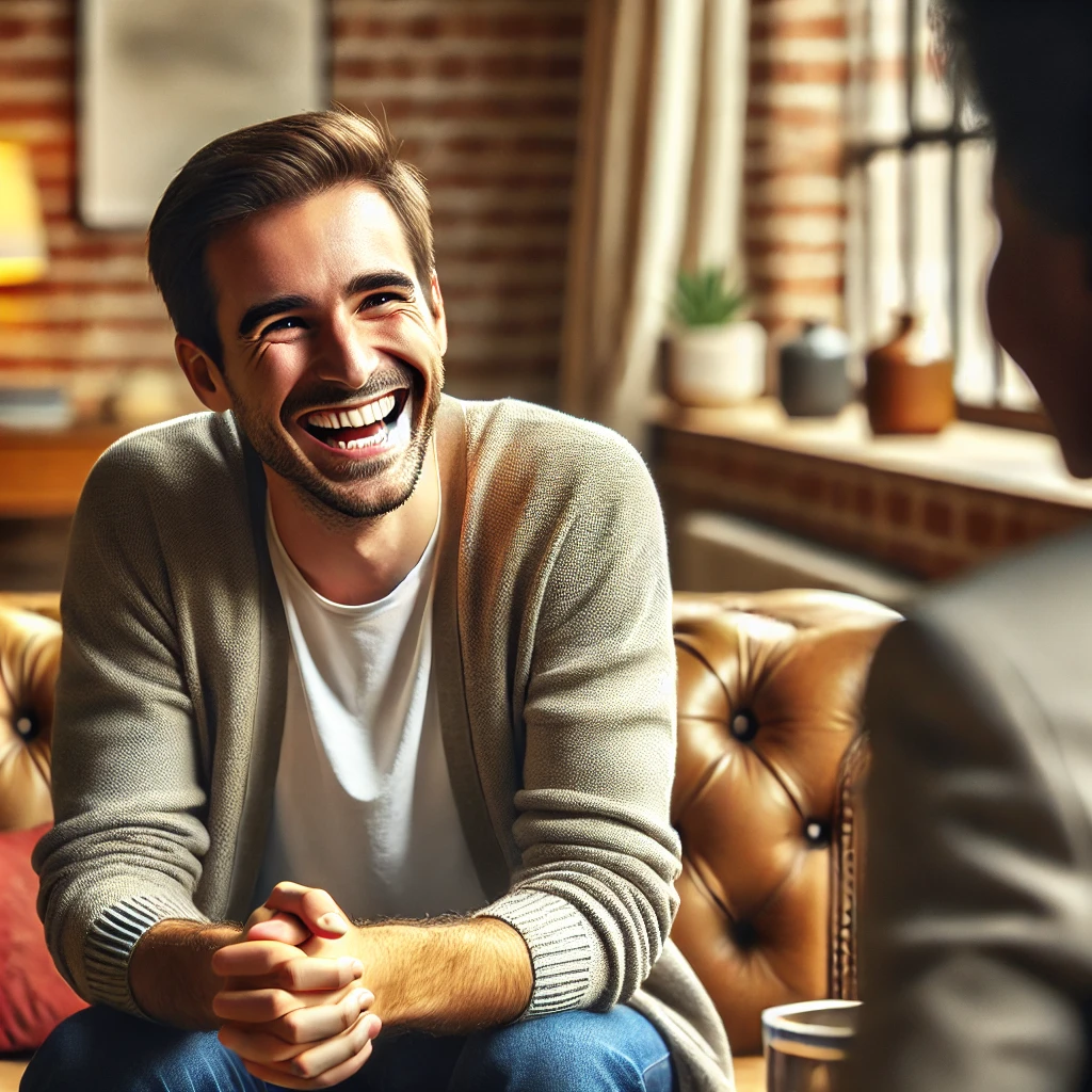 a man experiencing Reaction Formation Defense Mechanism during a therapy session with a diverse therapist in a warm and supportive office