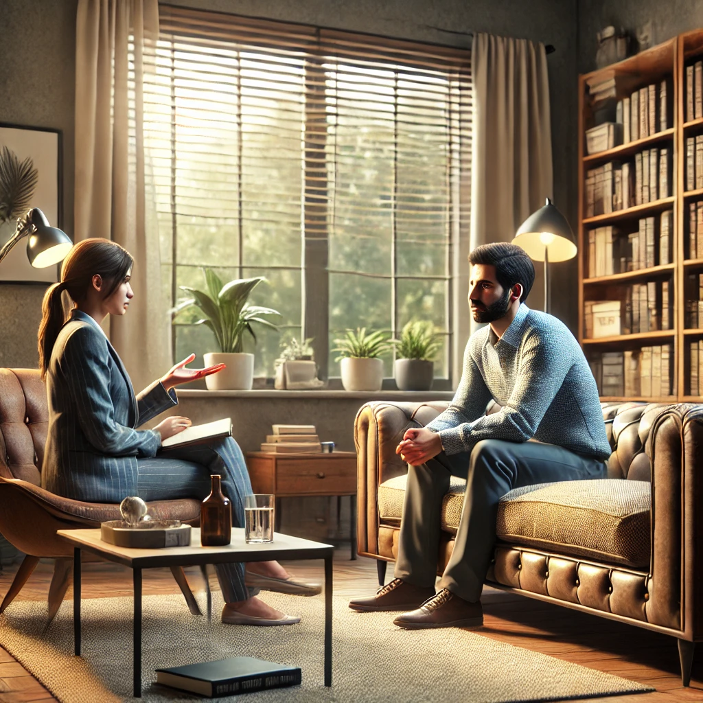 a therapy session where a client is rationalizing their behavior to a therapist