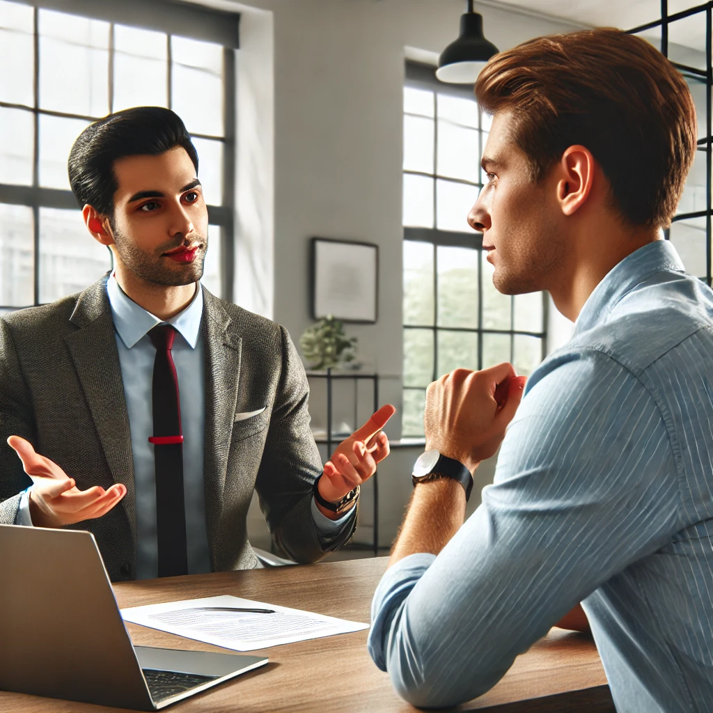 a diverse professional rationalizing to a colleague why they didn’t get a promotion while trying to mask their disappointment
