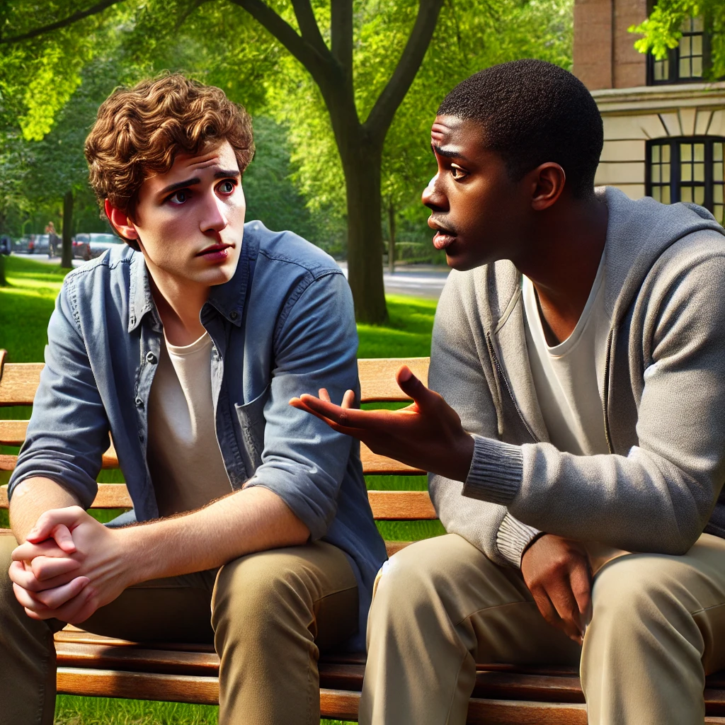 a photo-realistic image of two diverse friends sitting on a park bench, with one rationalizing why their bad relationship "isn't that bad" while the other listens with concern