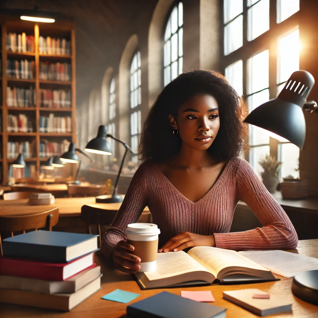 a diverse female social worker studying for an exam in a warm library setting.