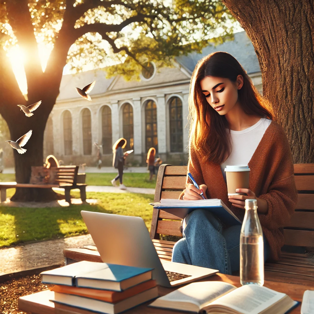 a diverse female social worker studying for an exam, this time in a peaceful outdoor park setting