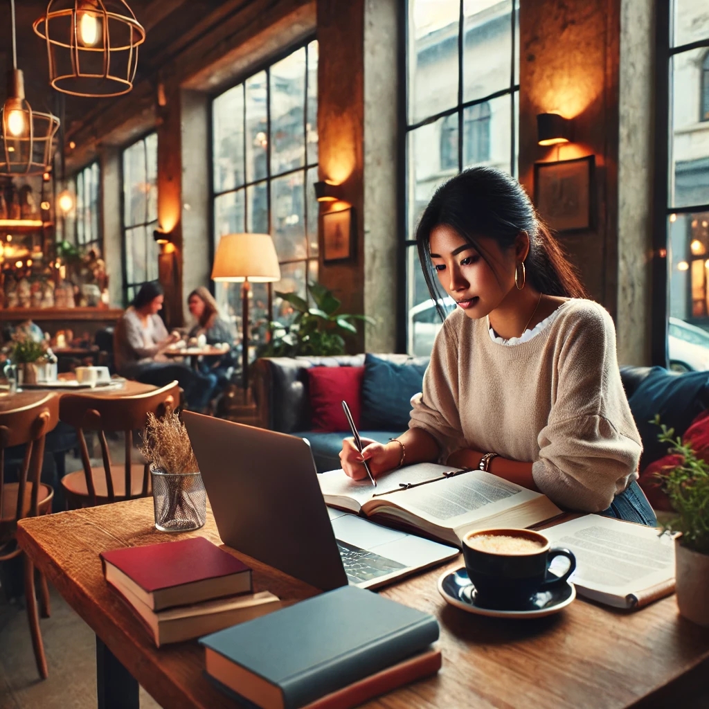 a diverse female social worker studying for an exam in a cozy coffee shop setting