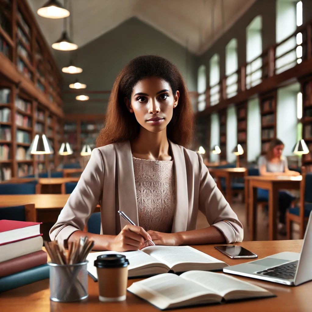 a diverse woman studying for an exam in a library setting
