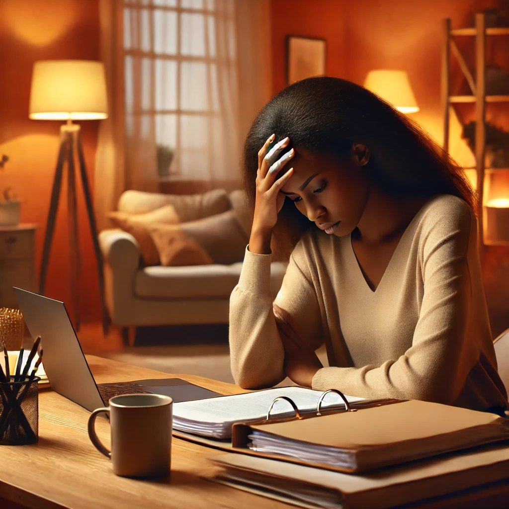 a frustrated Black female social worker sitting in a warm, inviting office
