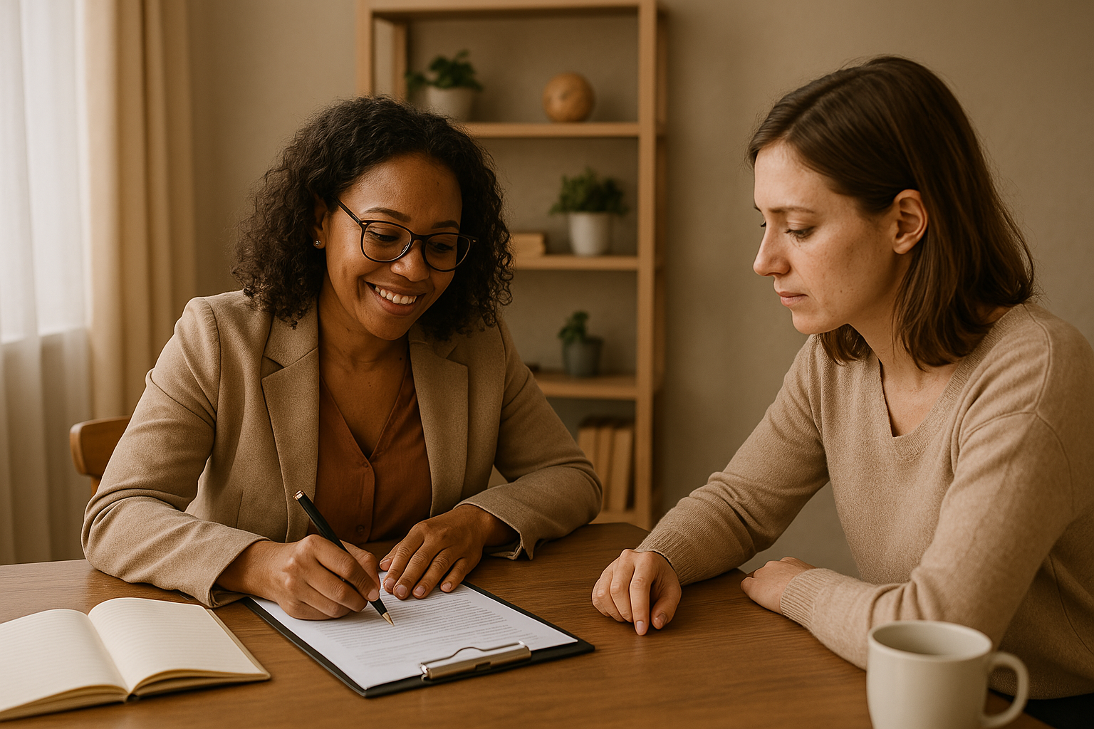 a diverse female therapist and client working together in a warm office setting