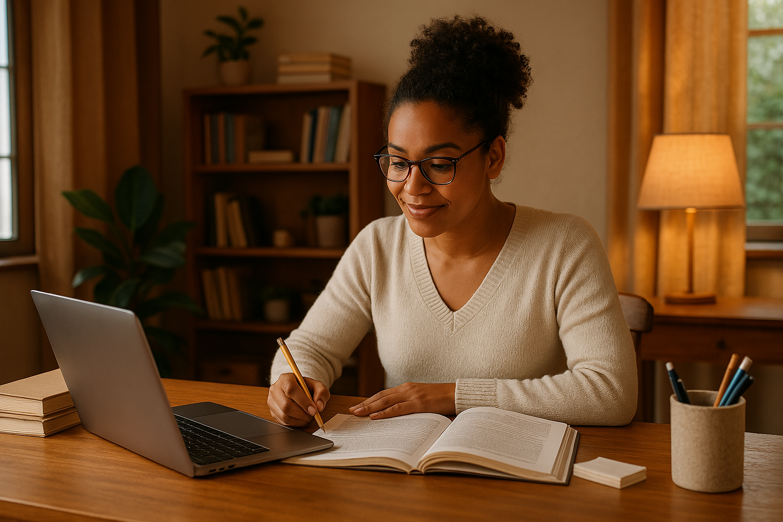 a picture of a confident diverse social worker studying for an exam in a warm office with a laptop