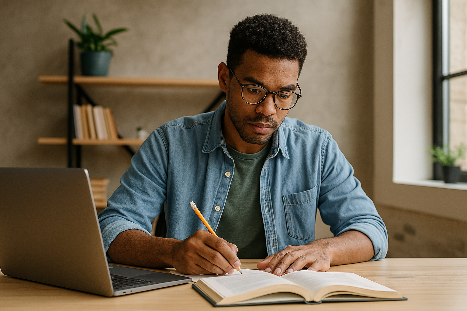 a picture of a male studying in a home environment