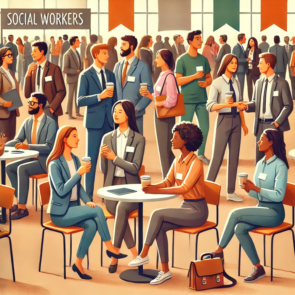 illustrated version of social workers networking at a conference.