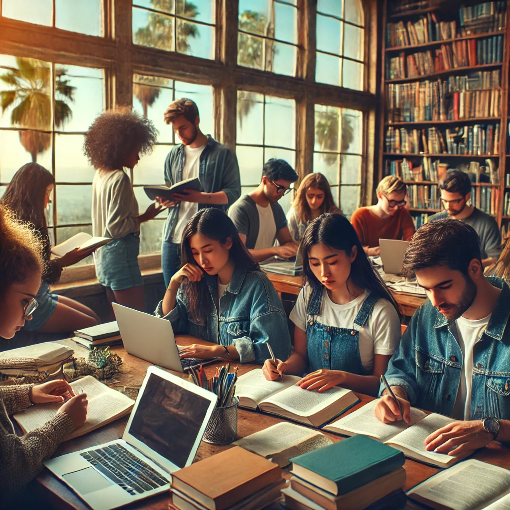 a diverse group of student social workers studying together in a cozy California library