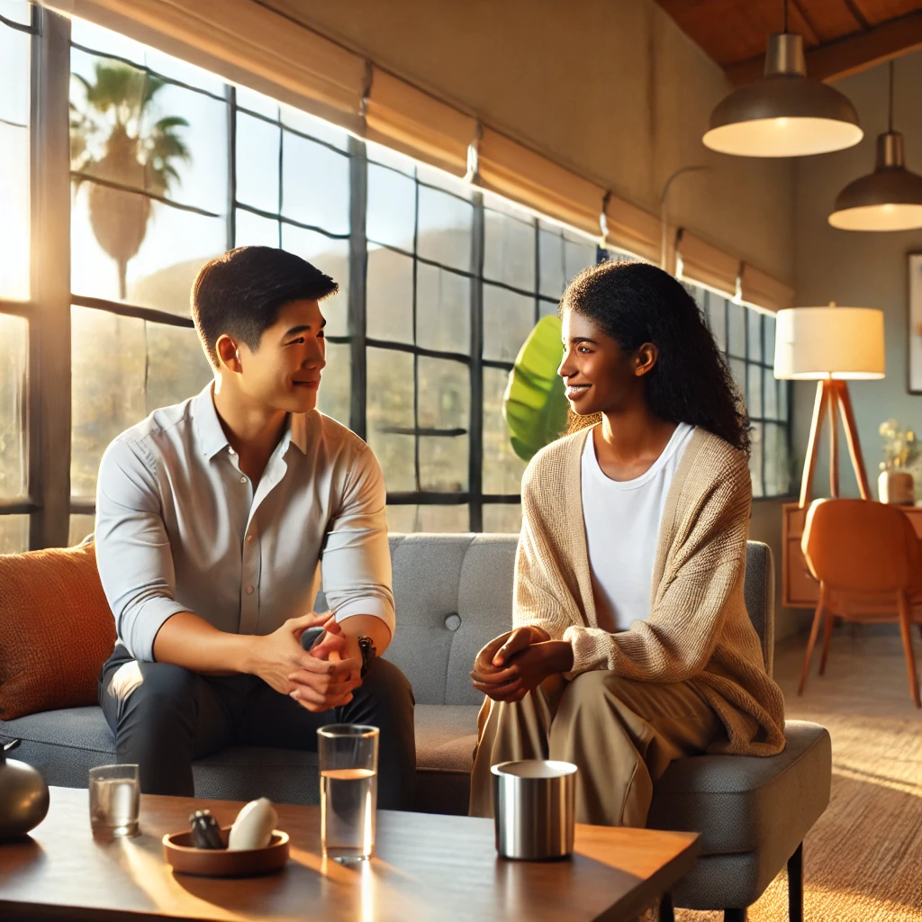 therapists engaged in discussions in a warm and professional California office setting